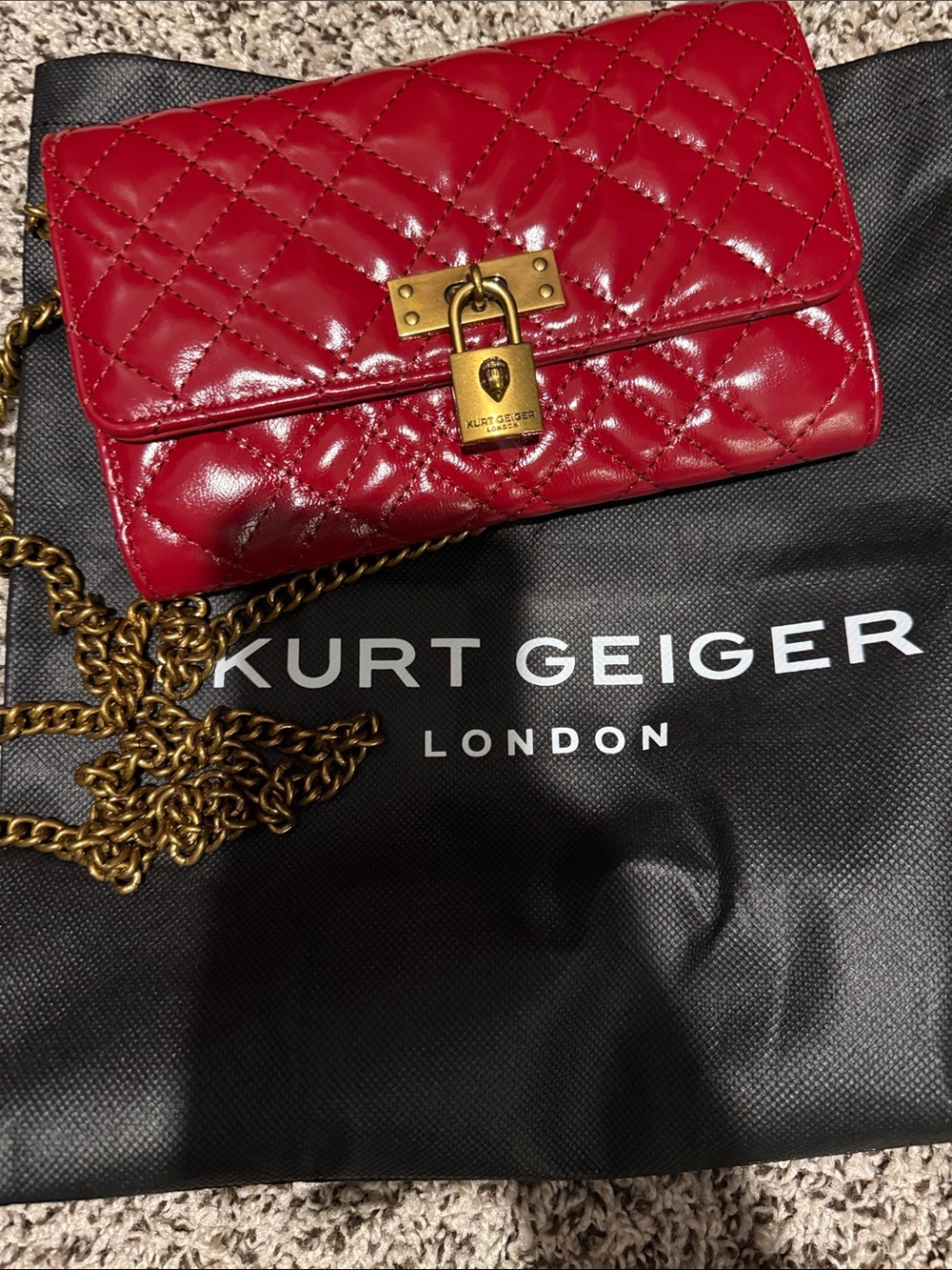 Kurt Geiger Red Quilted Patent Leather Crossbody with Gold Padlock